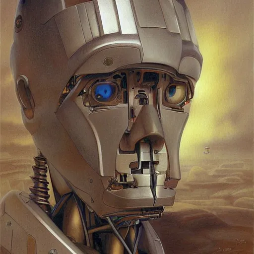 Image similar to robot artist artist painting a self portrait, by john howe