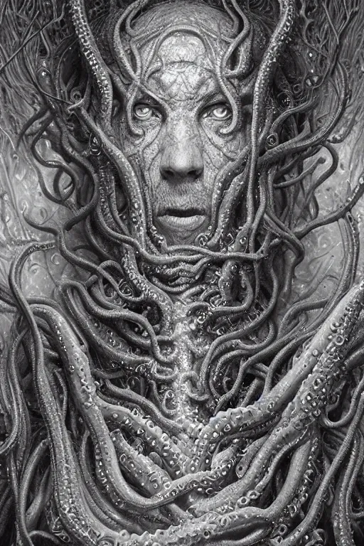 Prompt: realistic portrait of beautifully crystalized and detailed portrait of a hp lovecraft, tentacles, tendrils, eldritch, matte painting of cinematic movie scene red dragon, horror, created by gustave dore and greg rutkowski, high detailed, smooth draw, synthwave neon retro, intricate, realistic proportions, dramatic lighting, trending on artstation.