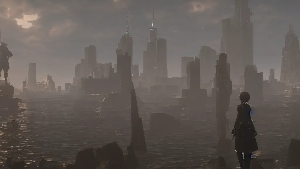 Image similar to Screenshot from Nier Automata, near the Statue of Liberty