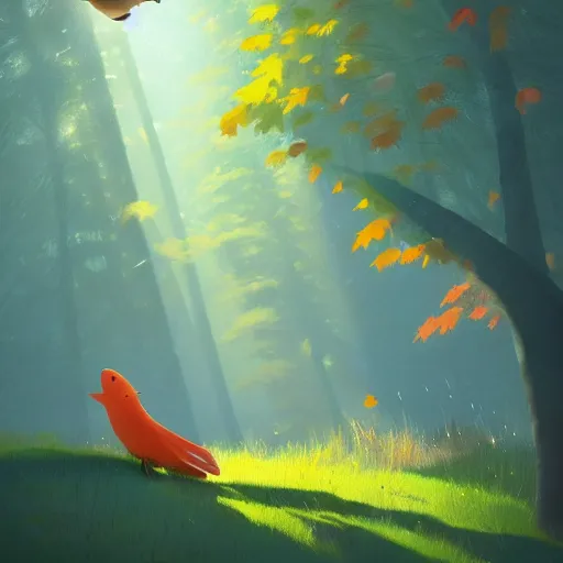 Prompt: goro fujita ilustration i am lying in the forest and i observe a bunch of tall autumn trees and in the center a large bird with its wings open with beautiful feathers that let through some light rays, painting by goro fujita, sharp focus, highly detailed, artstation