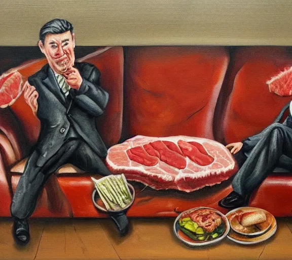 Image similar to oil painting of couch made out of meat, business men sitting on couch of meat and talking,