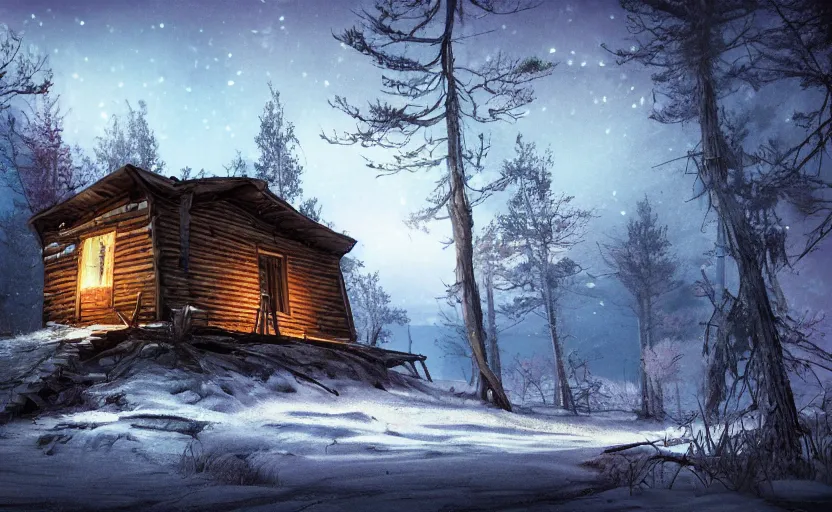 Image similar to A abandoned wooden hut in a winter forest environment concept, northern lights, horror game, artstation