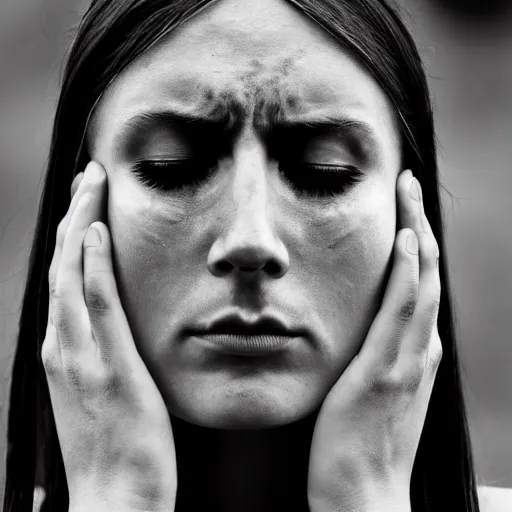 Prompt: minimalist photography portrait of a germanic pagan woman, sad, crying, tear, early middle ages, heathen warrior, symmetrical, super close up, mid thirties, cute round slanted eyes, caucasian, wide nostrils, high cheekbones, full cheeks, high flat eyebrows, ethereal essence, leica 1 0 0 mm f 0. 8