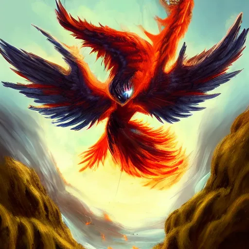 Image similar to Dalle-Mini - A Phoenix Flying Out of a Volcano on a Tropical Island, High Fantasy, Digital Painting, HDR, Trending on Artstation