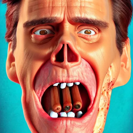 Image similar to jim carrey is fused into a meat stick, hyperdetailed, artstation, cgsociety, 8 k