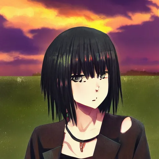 Image similar to 1 7 - year - old anime goth girl, black hair, long bob cut, long bangs, gothic coat, golden hour, partly cloudy sky, red clouds, orange sky, old town, strong lighting, strong shadows, vivid hues, ultra - realistic, sharp details, subsurface scattering, intricate details, hd anime, 2 0 1 9 anime