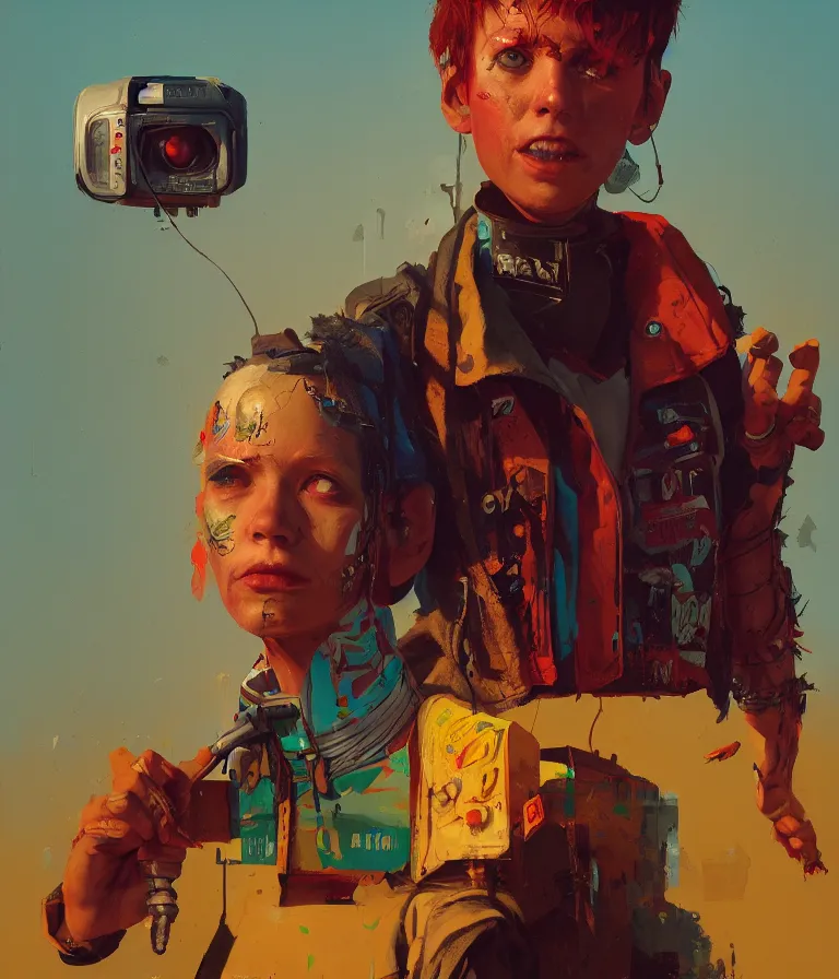 Image similar to a portrait of a punker in a painting from stalenhag, 4 k, 8 k, hdr, artstation, concept art