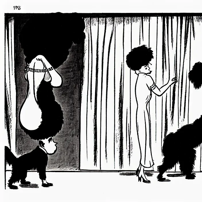 Image similar to a still frame from comic strip, two people hanging a black fluffy dog 1 9 5 0, herluf bidstrup, new yorker illustration, monochrome contrast bw, lineart, manga, tadanori yokoo, simplified,