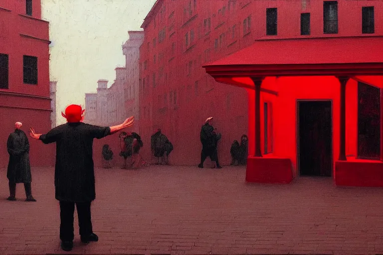 Image similar to only with red, a red old man try to sell a portrait, cheering crowd, in a old city square, in the style of beksinski, parts by edward hopper, parts by rodcenko, parts by yue minjun, intricate and epic composition, red by caravaggio, insanely quality, highly detailed, masterpiece, red light, artstation, 4 k