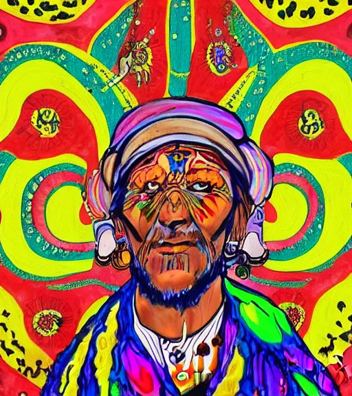 Prompt: Portrait painting in psychodelic style of an old shaman dressed in a colorful traditional clothes.