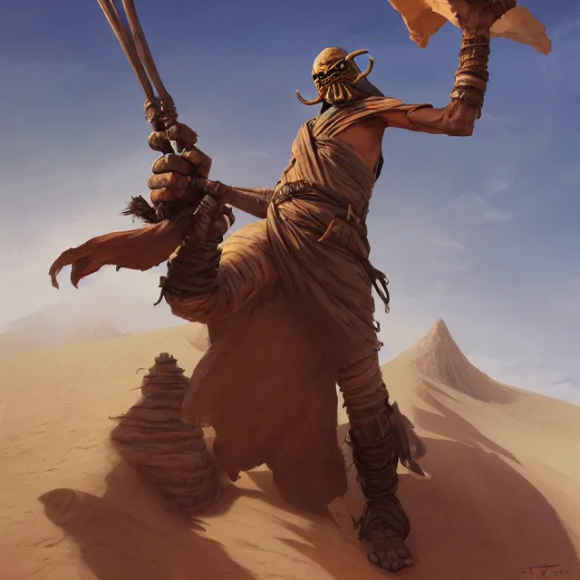 Prompt: sandpeople tusken raider by stanley artgerm lau, wlop, rossdraws, frank frazetta, andrei riabovitchev, marc simonetti