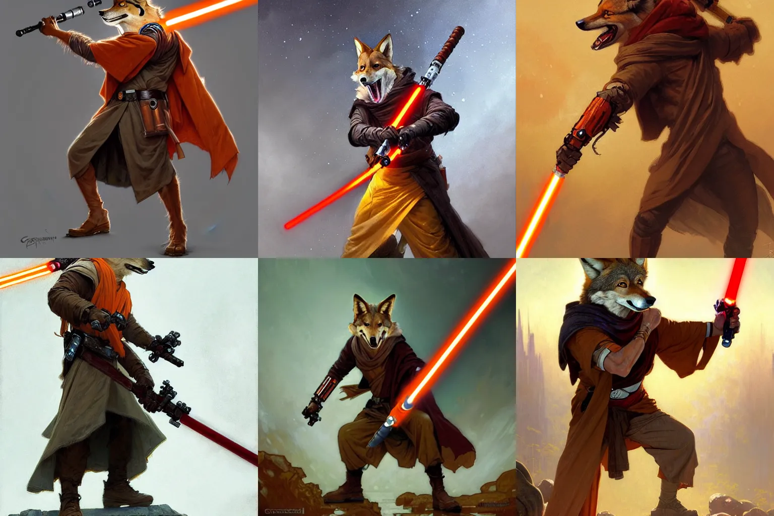 Prompt: anthropomorphic coyote wearing Jedi robes and wielding a lightsaber with an ornage blade in a combat stance. Renowned character illustration by greg rutkowski, thomas kindkade, alphonse mucha, loish, norman rockwell. Trending on Artstation.