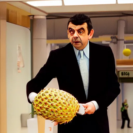 Prompt: rowan atkinson as mr. beans stealing a pineapple from target store, johnny english, focused face, realistic photo, uhd