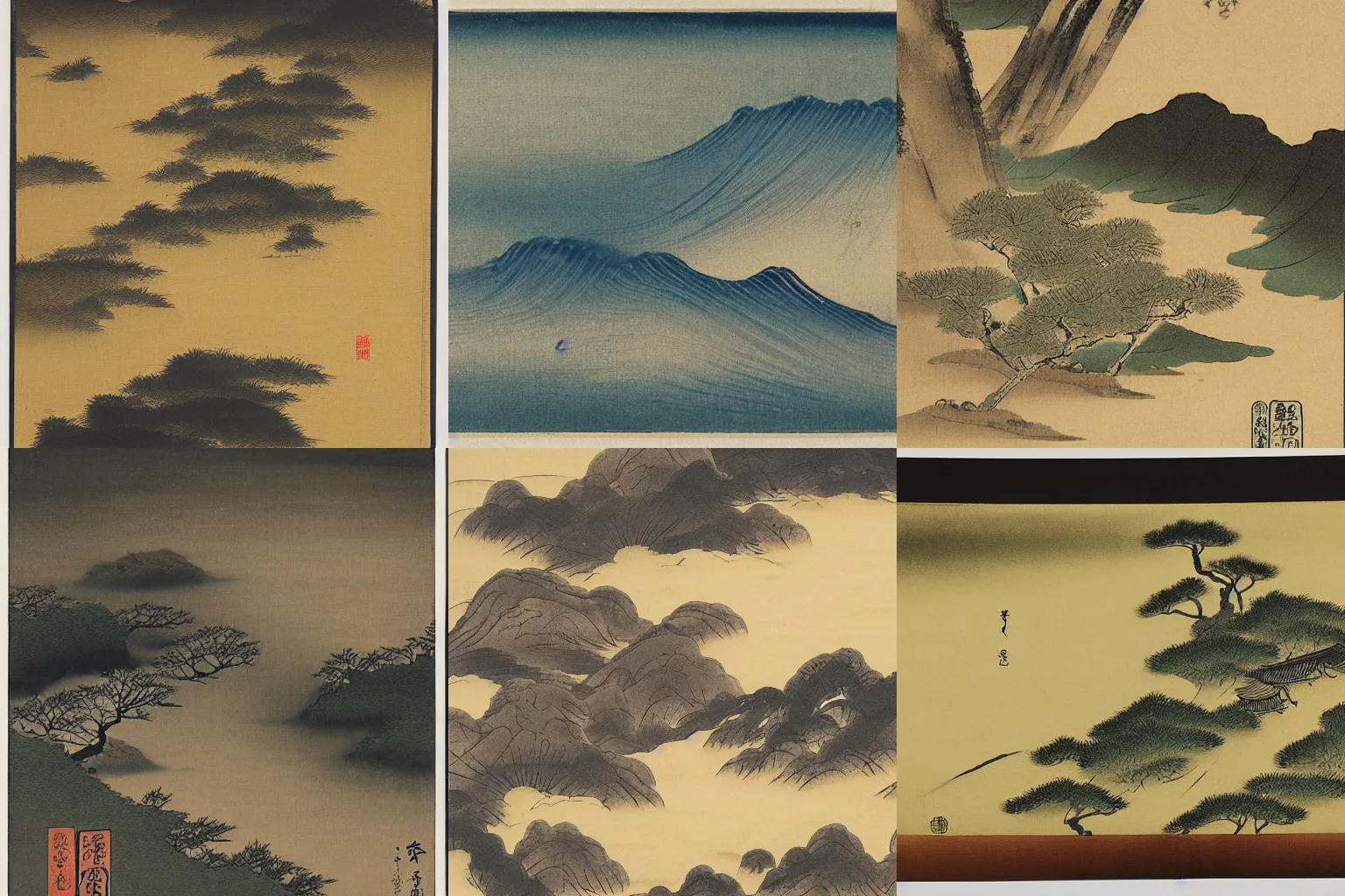 Prompt: landscape by shiokawa bunrin, 1 9 th century # nihonga acrylic ink drop photography aqueous motion art