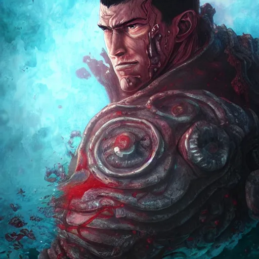 Prompt: portrait of guts from berserk submerged in red water, extremely detailed, made by wlop, maxwell boas, Sakimi chan and Anato Finnstark