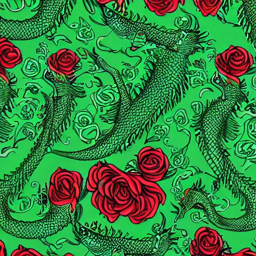 Image similar to rhaegal, green dragon, surrounded by roses in fractal patterns