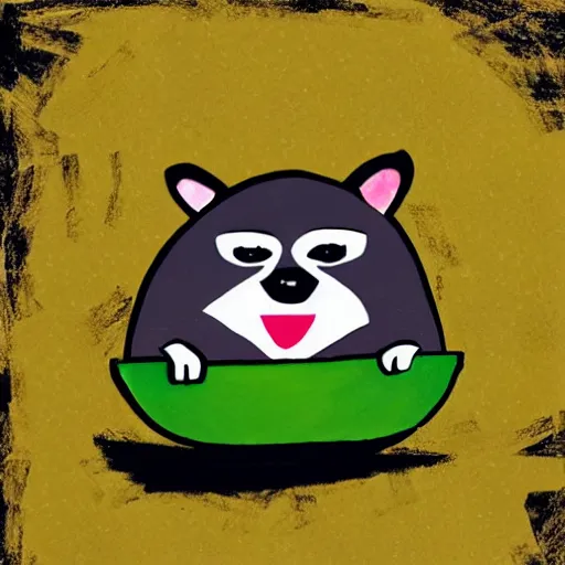 Image similar to children's book style illustration of a grumpy raccoon eating an avocado