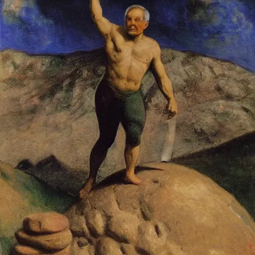 Image similar to a painting of benjamin netanyahu as sisyphus, carrying large boulder on shoulders, mountain background, by franz stuck