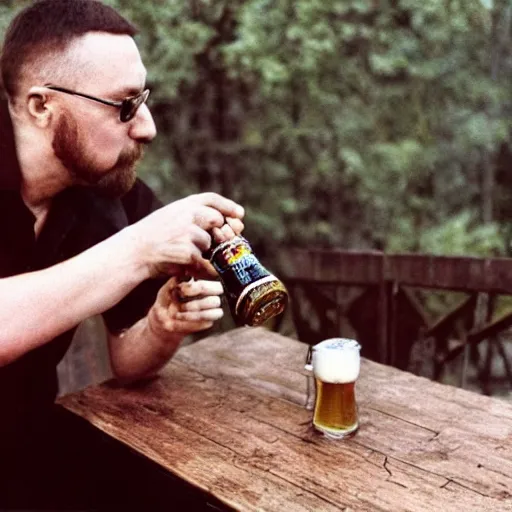 Image similar to egor letov drinking beer, high quality photo