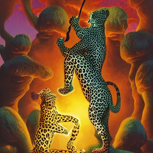 Image similar to leopards wearing leopard animal print clothing, dancing around in a fire drinking and laughing, magical bright world, volumetric lighting, Artwork by Richard Corben + Mark Arian + Wayne Barlowe + Boris Vallejo + Julie Bell + Zdzisaw Beksinski + Ed Binkley + Mark Brooks + Jean Delvil