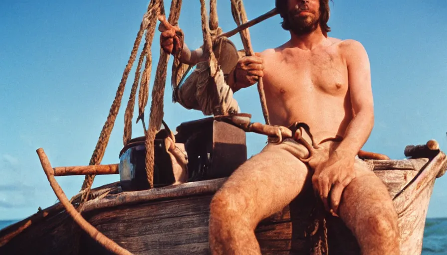 Image similar to 1 9 7 0 s movie still of a man in a barque in a stomach, cinestill 8 0 0 t