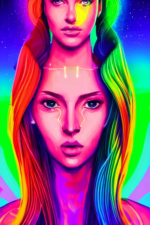 Image similar to a award winning half body portrait of a beautiful woman with stunning eyes in a croptop and cargo pants with rainbow colored ombre hairstyle head in motion and hair flying by thomas danthony, outlined by whirling illuminated neon lines, outrun, vaporware, shaded flat illustration, digital art, trending on artstation, highly detailed, fine detail, intricate