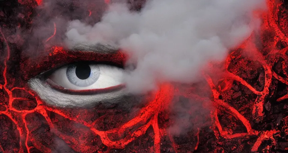 Image similar to a volcano made of ivory vines and crimson rocks enters in eruption, it spits a smoke in the shape of demonic eye, by Gottfried Helnwein