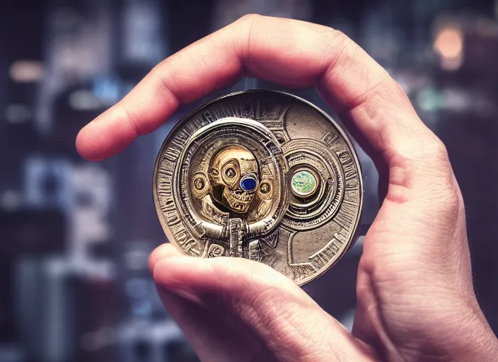 Prompt: cyborg hands holding a coin worth 1 human soul to be traded in hell. centered. horror cyberpunk dystopia style. highly detailed 8 k. intricate. nikon d 8 5 0 3 0 0 mm. award winning photography.