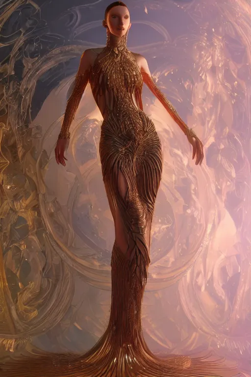 Image similar to a realistic portrait of a beautiful ancient alien woman goddess bella hadid standing in iris van herpen dress jewelery and fractals in style of alphonse mucha art nuvo dmt trending on artstation made in unreal engine 4