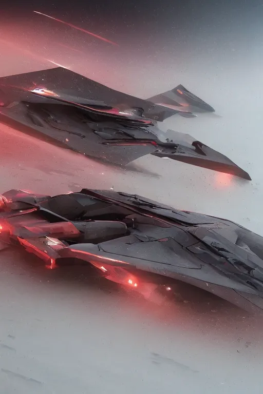 Prompt: professional photograph of a crashed neo - futuristic simplified symmetrical stealth fighter by ilm, denis villeneuve, emmanuel shiu, zaha hadid, dust, vapor, cinematic desert scene, red paint detail, manga, dramatic, volumetric, concept art, hard surface, hyperrealism, high detail, trending on artstation, sharp focus, rendered in octane