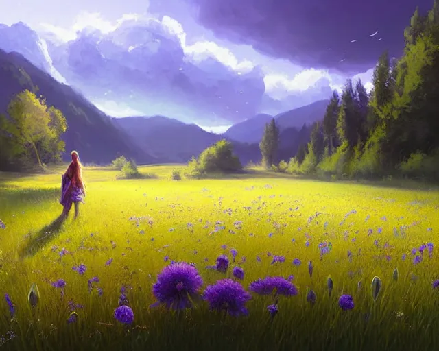Image similar to beautiful painting of an perfect flower in a meadow in a river landscape in front of a mountaineous background, sunny day, blue sky, digital painting, ambitious lights, greg rutkowski