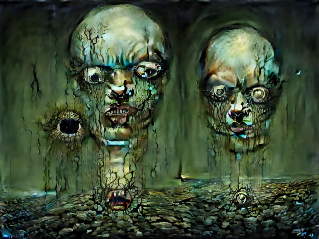 Image similar to a face split in two, one side furious and the other calm, one eye in the middle of the forehead with tears streaming down, large room with faceless beings watching, 4 k, art by jaroslaw jasnikowski