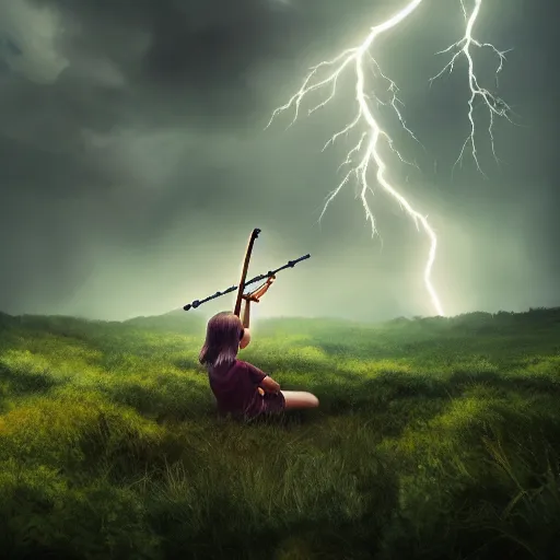 Image similar to young girl playing flute, birch forest clearing, storm at night, lightning dragons attack, low angle facing sky, cinematic, dramatic lighting, big storm clouds, high contrast, artstation, fine art, greg rutowski, ghibli, hosada