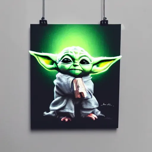 Prompt: small cute baby yoda, hyper detailed painting, dramatic lighting, cinematic,