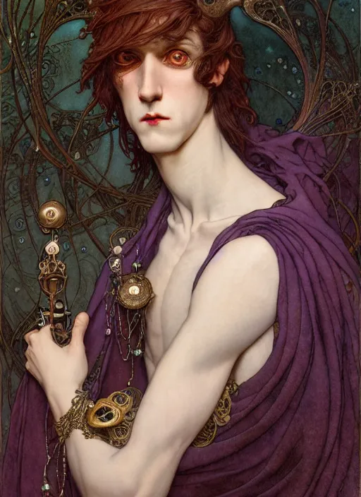 Image similar to edmund dulac, leyendecker, highly detailed portrait, a beautiful androgynous sebastian michaelis, long hair, tall and thin, wearing several pendants, art nouveau, stephen bliss, unreal engine, by greg rutkowski, loish, ferdinand knab, ilya kuvshinov, rossdraws, tom bagshaw, alphonse mucha, global illumination, radiant light