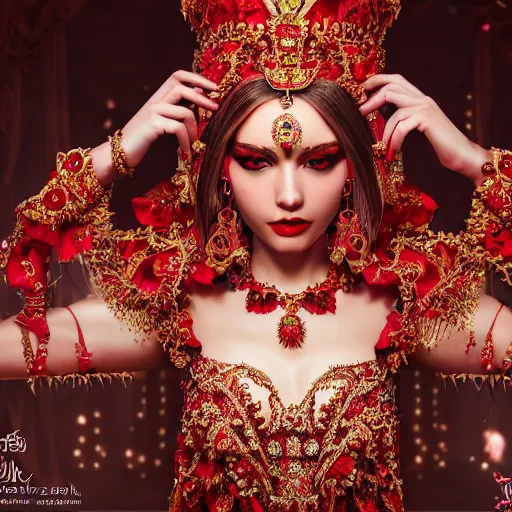 Prompt: wonderful princess with smooth fair skin, alluring eyes, red eyeshadow, red jewelry, breathtaking, elegant, intricate, ornate backdrop, hyper detailed, accent lighting, 4 k photography, octane render