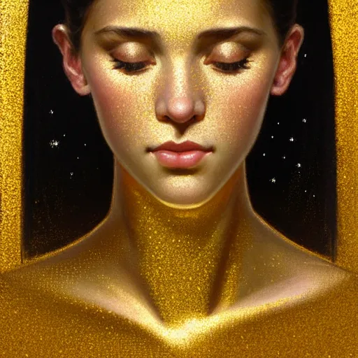 Image similar to portrait of a girl surrounded by shimmering reflective gold flakes, face, fantasy, intricate, elegant, dramatic lighting, highly detailed, lifelike, photorealistic, digital painting, artstation, concept art, smooth, sharp focus, illustration, art by John Collier and Krenz Cushart and Artem Demura and Alphonse Mucha and and Albert Aublet