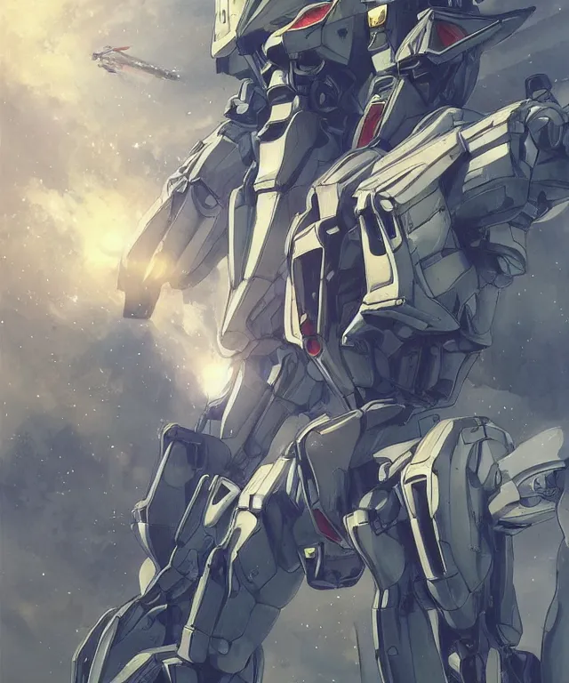 Image similar to gundam mecha portrait, subject centered in the frame, rule of thirds, golden ratio , scifi, intricate glowing mecha armor, elegant, glowing cylon eyes, highly detailed cybernetic body, ornate mecha armor, digital painting, artstation, concept art, smooth, sharp focus, illustration, art by Artgerm and moebius and Peter Mohrbacher