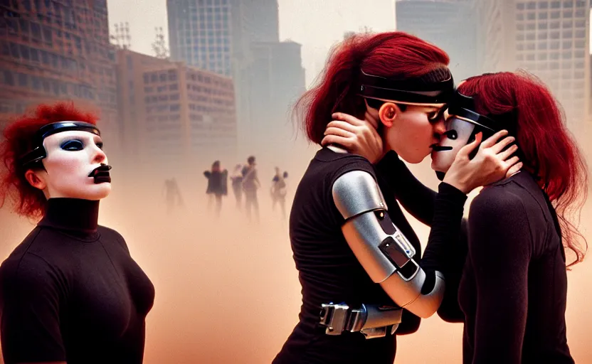 Prompt: cinestill 5 0 d photographic portrait by helen levitt of a kiss between two diverse loving female cyborgs wearing black techwear in a retrofuturist garden, extreme closeup, modern cyberpunk, dust storm, 8 k, hd, high resolution, 3 5 mm, f / 3 2, ultra realistic faces, intricate detail, ex machina