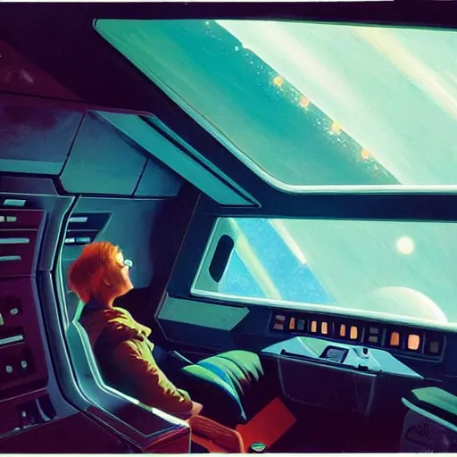 Image similar to Cozy interior of a spaceship, teal lighting, cozy lighting, space seen outside from a window, by Syd Mead, John Harris, Federico Pelat