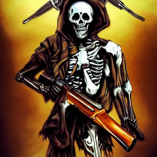 Prompt: photo of Skeleton zombie russian warrior with ak-47 asiimov, photorealism,
