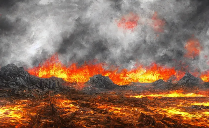 Image similar to post apocalyptic landscape in fire in digital art oil canvas