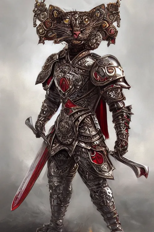 Image similar to Anthropomorphized cat in full armor carrying Sword and Shield, full body, menacing pose, concept art, insanely detailed and intricate, hypermaximalist, elegant, ornate, hyper realistic, super detailed, tribal red atmosphere, Art Deco, cinematic, trending on artstation, magic the gathering artwork, centered