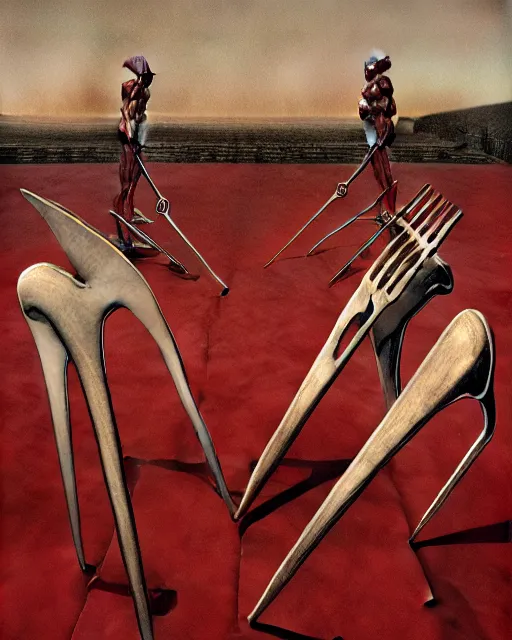 Image similar to hyperrealistic hyperdetailed fork battle war concept art santiago caruso de chirico sharp very dramatic crimson light 8k low angle shallow depth of field