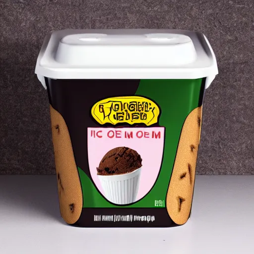 Prompt: poop flavored ice cream quart container with a picture of poop on the graphic label