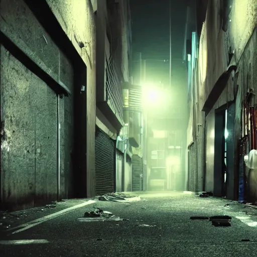 Prompt: a cinematic frame of a dead end alleyway in a futuristic dystopian city, night time, littered with garbage, cold blue lighting, brutalist architecture, damp, cityscape, vanishing point perspective