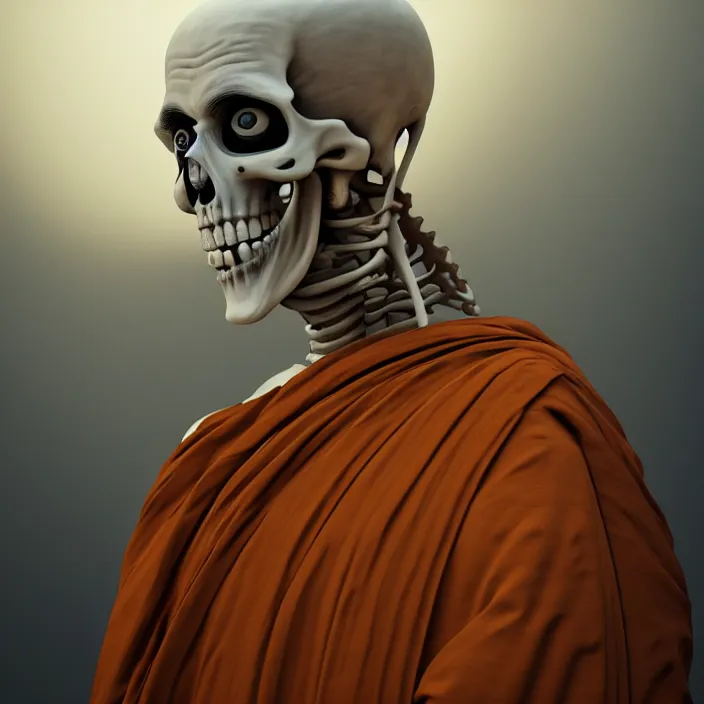 Image similar to portrait of Buddhist Monk as skeleton. intricate abstract. intricate artwork. by Tooth Wu, wlop, beeple, dan mumford. octane render, trending on artstation, greg rutkowski, very coherent symmetrical artwork. cinematic, hyper realism, high detail, octane render, 8k, iridescent accents, deep blacks