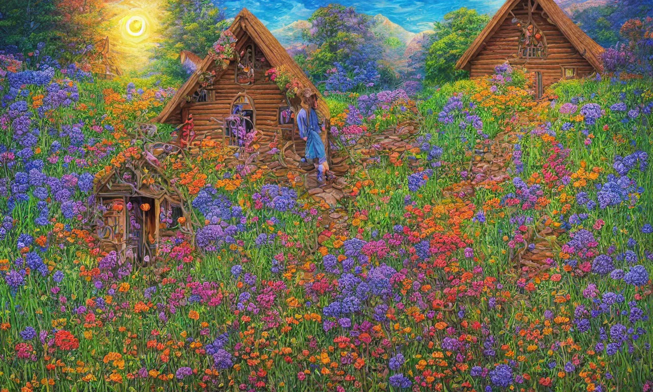 Prompt: a cabin in a mystical field of flowers illustration painting, oil on canvas, intricate, hd, digital art, overdetailed art, complementing colors, detailed, illustration painting by alex gray, digital art, moebius