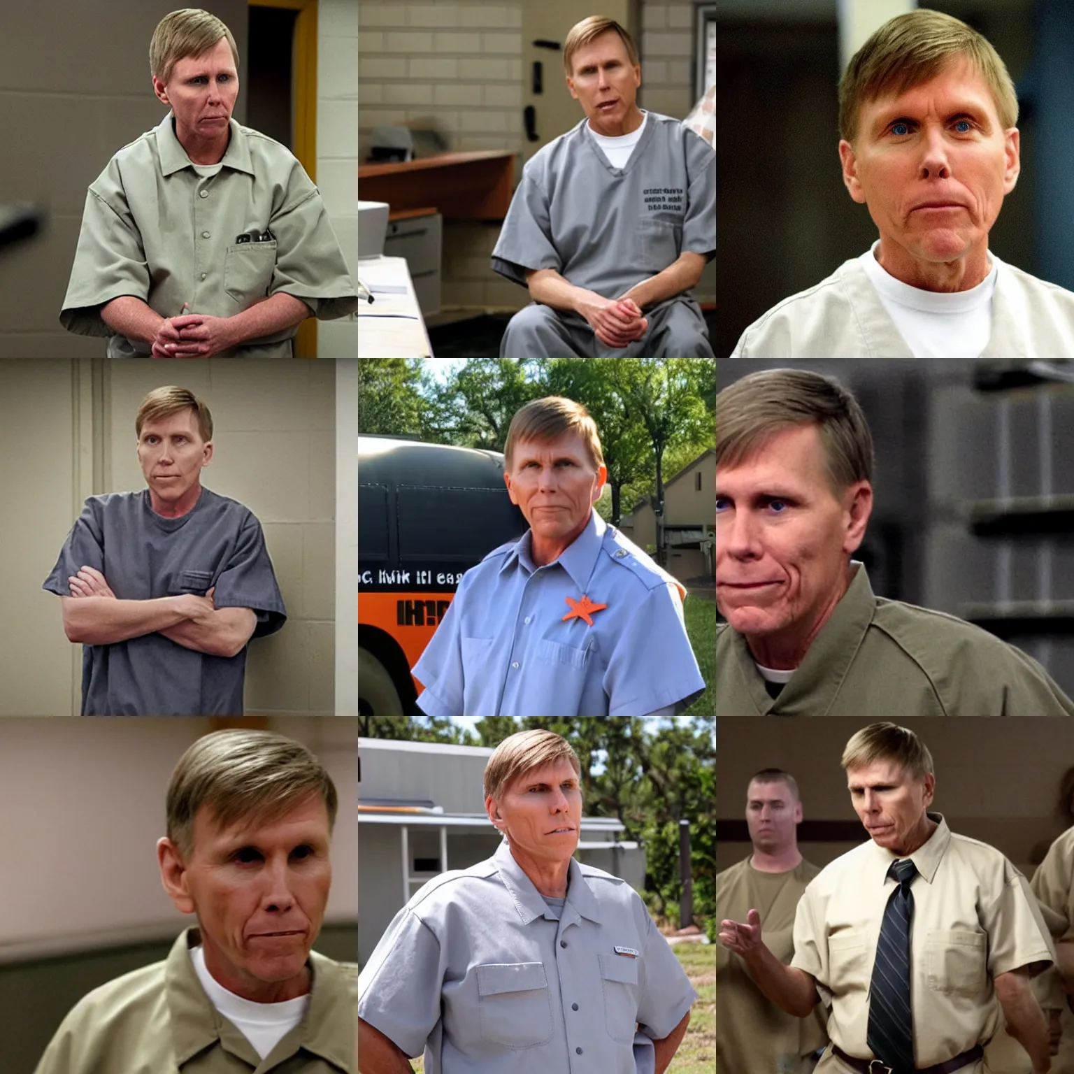 Prompt: pastor kent hovind in prison uniform, still from orange is the new black