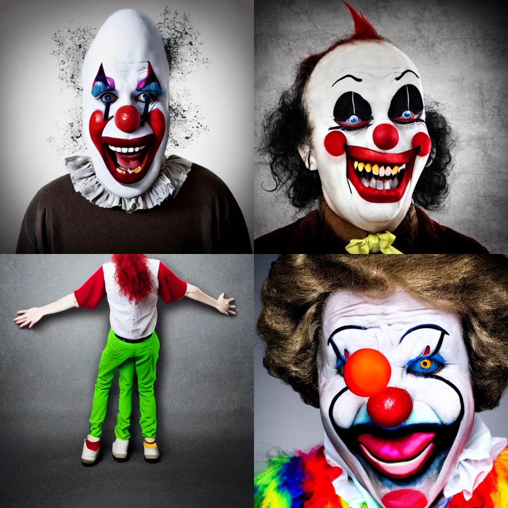 Prompt: a clown terrified and fearful of normal people, stock photo